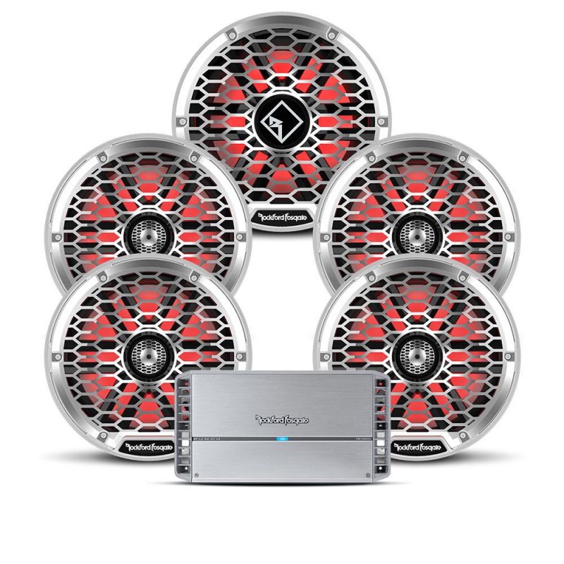Rockford Fosgate marine audio setup with multiple speakers and an amplifier