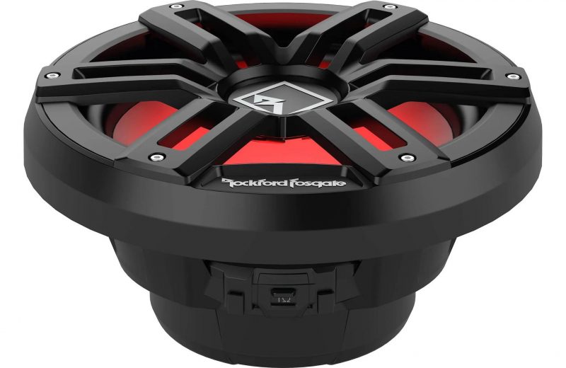 Close-up of a durable Rockford Fosgate marine speaker with red illumination