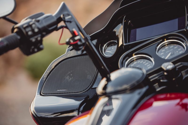 Motorcycle controls with Rockford Fosgate motorcycle speakers installed for high-speed audio clarity