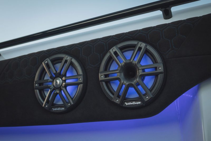 Marine speakers with blue illumination installed in a boat panel